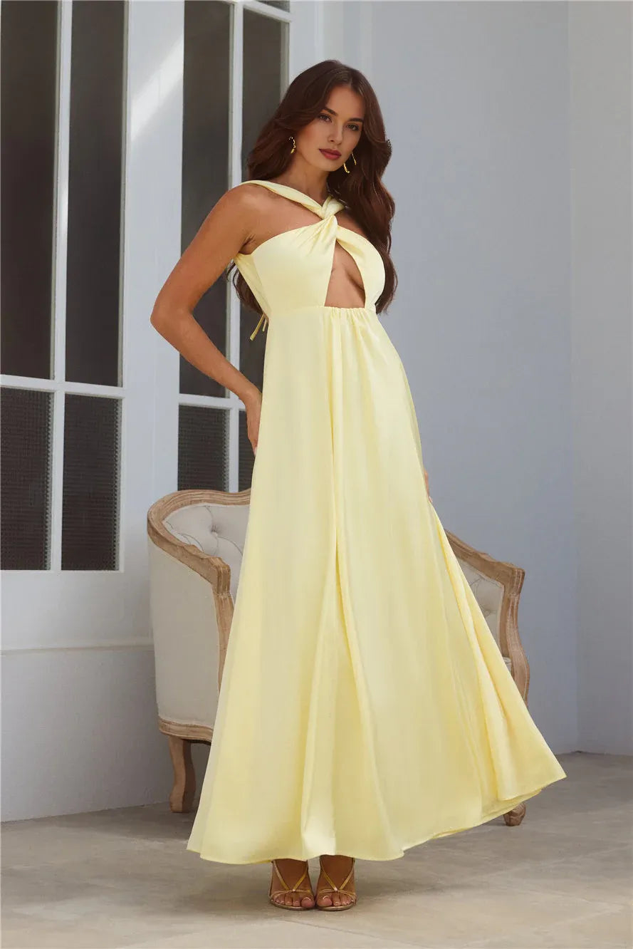 Yellow Twist Neck Keyhole Cutout Open Back Midi Prom Dress
