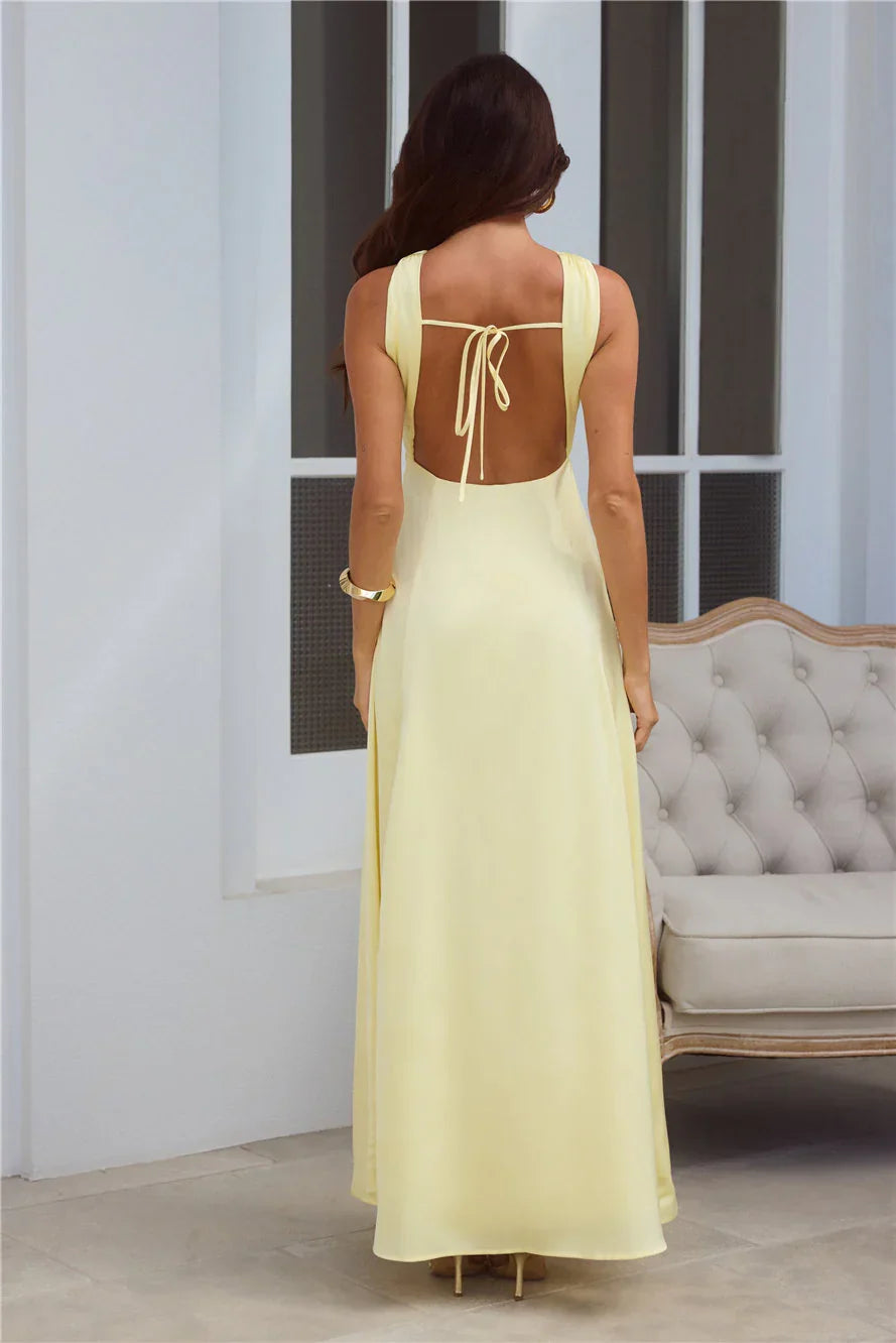 Yellow Twist Neck Keyhole Cutout Open Back Midi Prom Dress