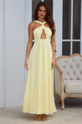Yellow Twist Neck Keyhole Cutout Open Back Midi Prom Dress