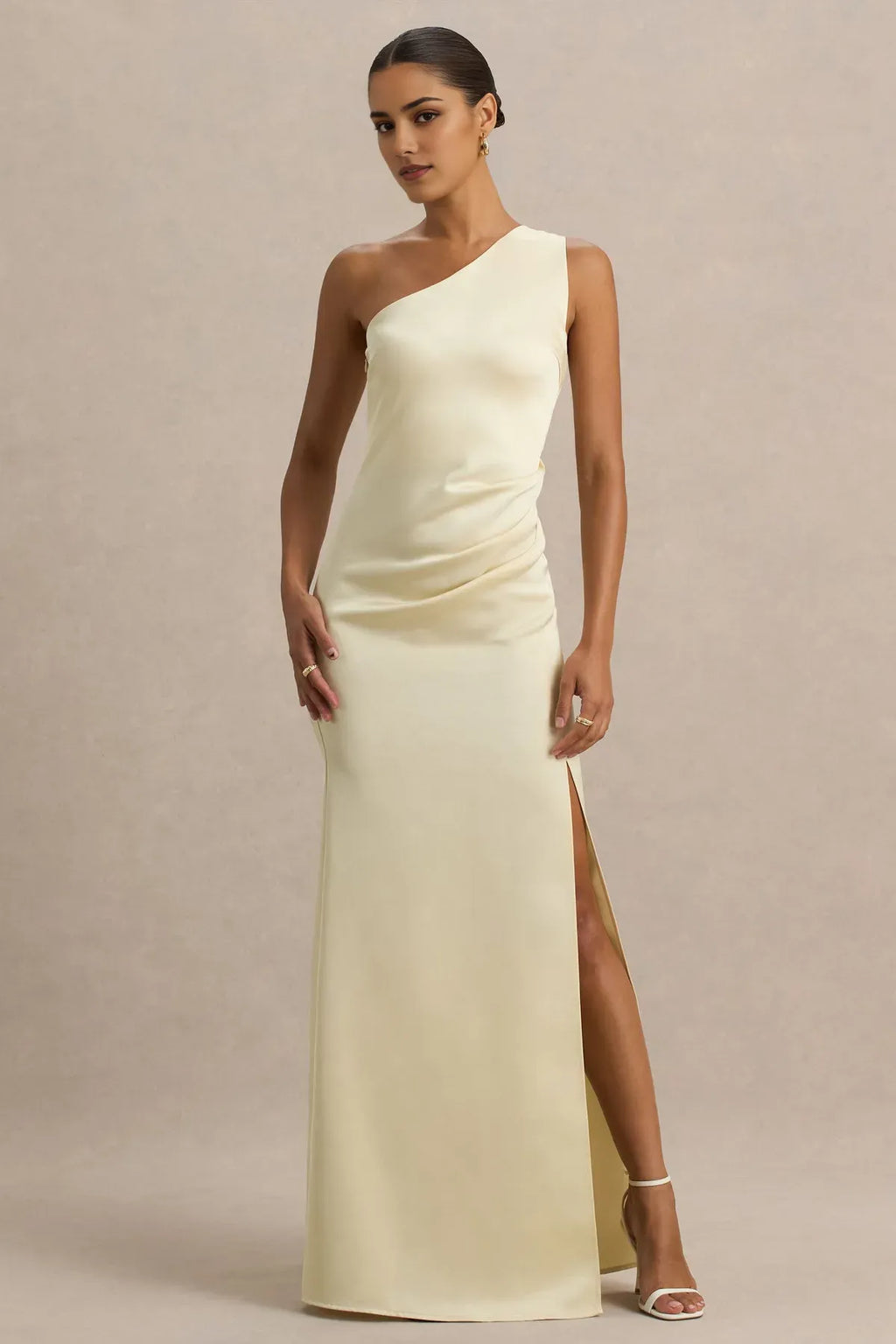 Ivory Luminary One - Shoulder Prom Dress Ruched Detail High Slit for Gala