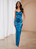Blue Luxe Spaghetti Strap Prom Gown - Draped Bodice High Slit