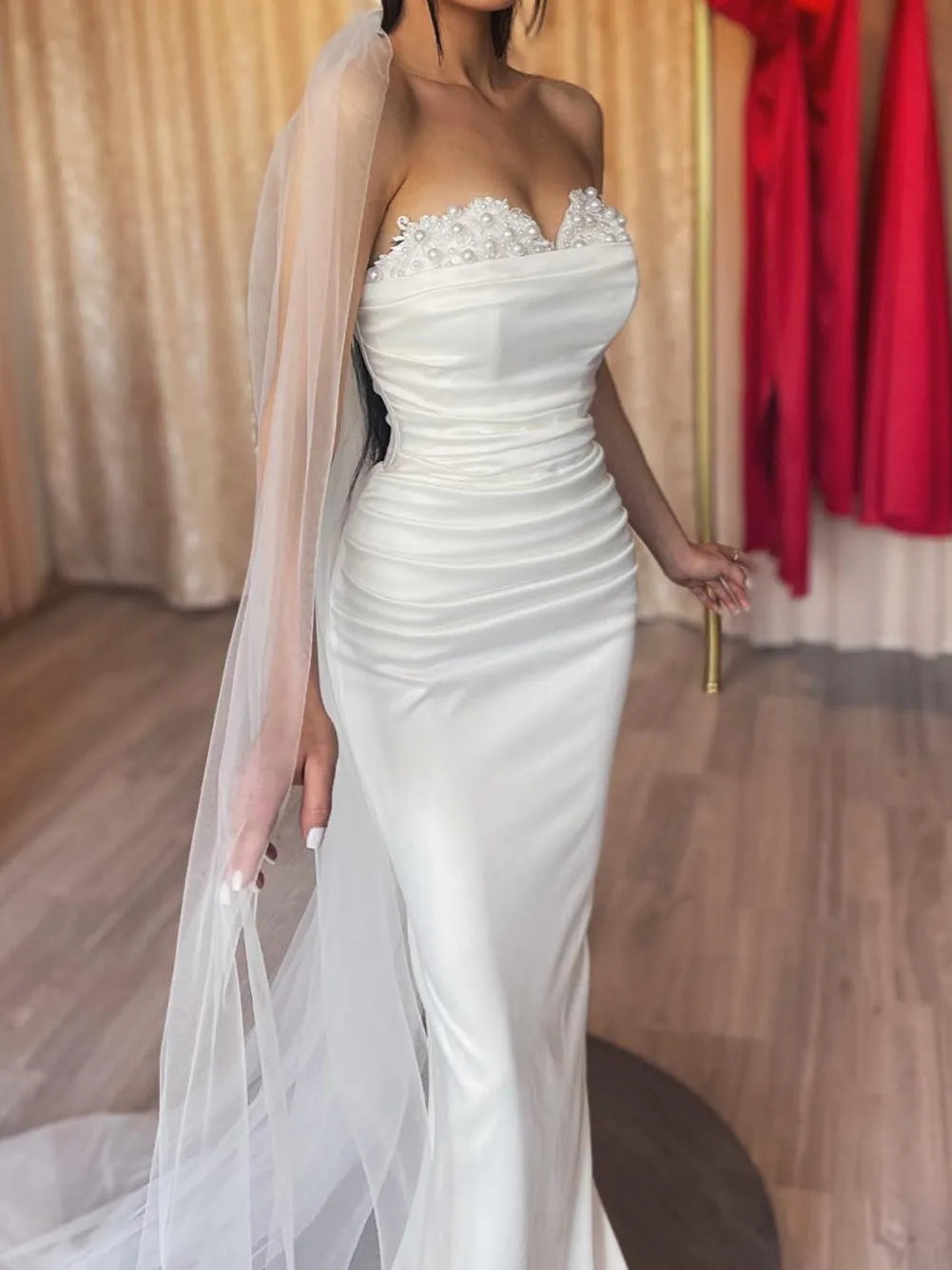 Luxe Off - Shoulder Wedding Dress Pearl Bodice Convertible Train Skirt