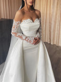 Luxe Off - Shoulder Wedding Dress Pearl Bodice Convertible Train Skirt