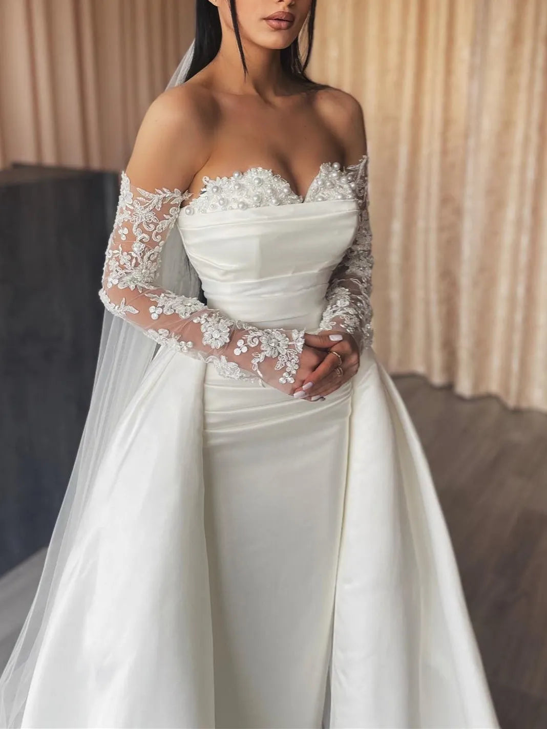 Luxe Off - Shoulder Wedding Dress Pearl Bodice Convertible Train Skirt