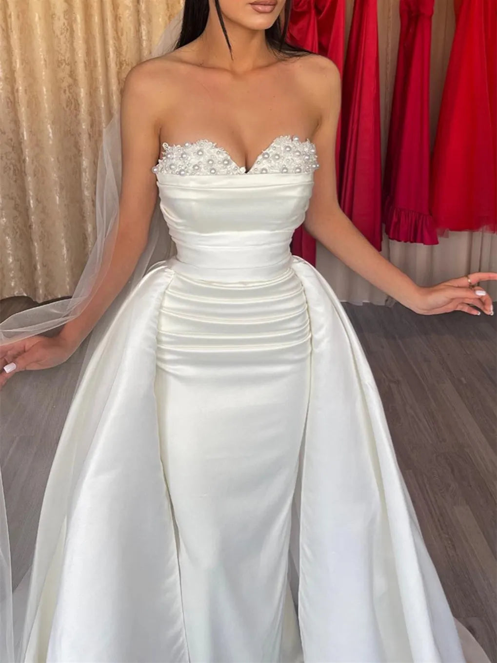 Luxe Off - Shoulder Wedding Dress Pearl Bodice Convertible Train Skirt
