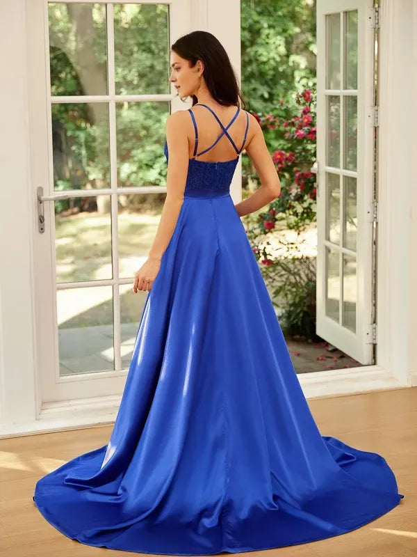 Blue Luxe Royal A-Line Sweetheart Spaghetti Straps Cross-Back Floor-Length Prom Dresses with Slit
