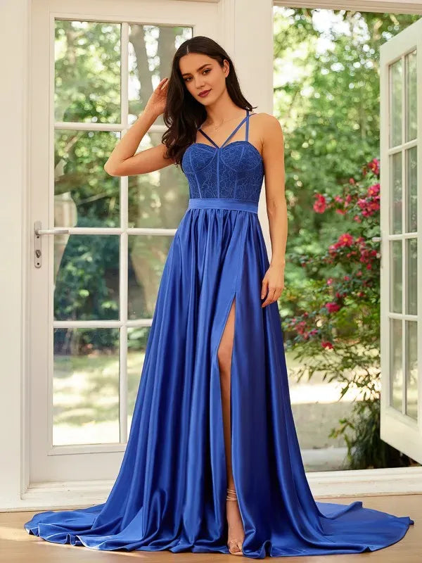 Blue Luxe Royal A-Line Sweetheart Spaghetti Straps Cross-Back Floor-Length Prom Dresses with Slit