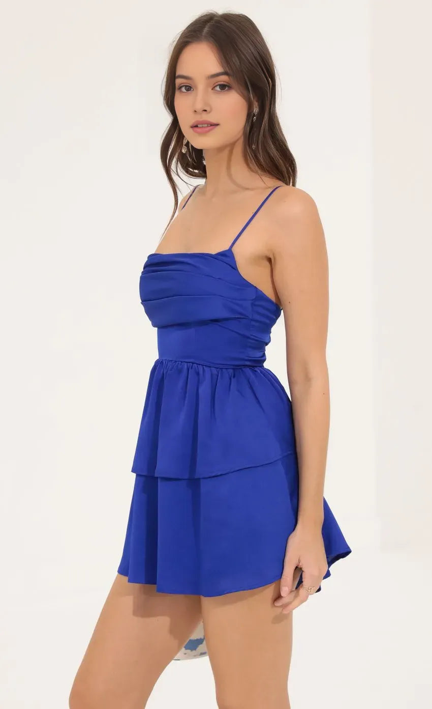 Blue Luxe Royal Homecoming Dress Cowl Neck Tiered Skirt Sheen Command Attention at Homecoming Celebrations