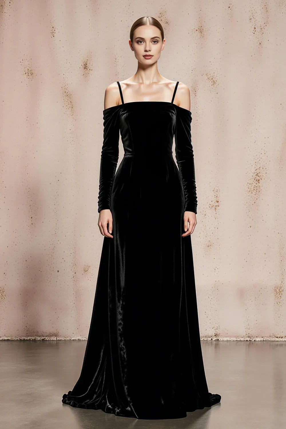 Sophisticated Graceful Stylish Elegant Black Velvet A-Line Long Sleeve Long Prom Dress