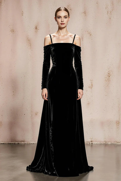 Sophisticated Graceful Stylish Elegant Black Velvet A-Line Long Sleeve Long Prom Dress