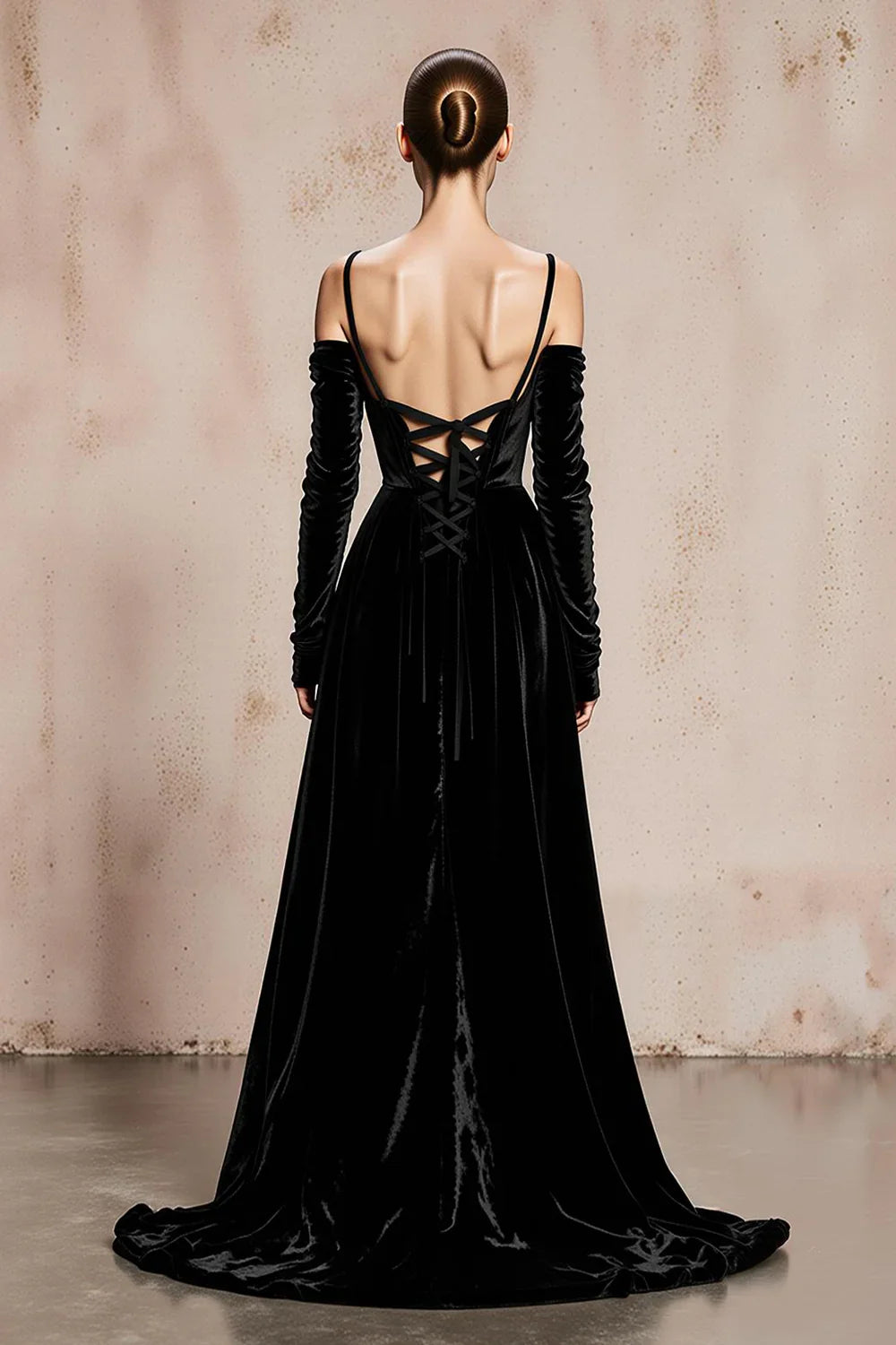 Sophisticated Graceful Stylish Elegant Black Velvet A-Line Long Sleeve Long Prom Dress