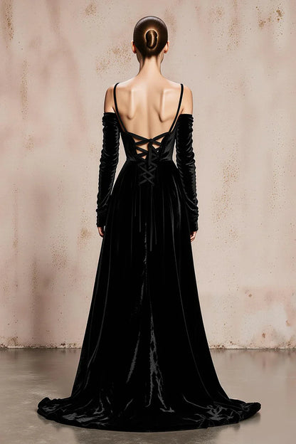 Sophisticated Graceful Stylish Elegant Black Velvet A-Line Long Sleeve Long Prom Dress