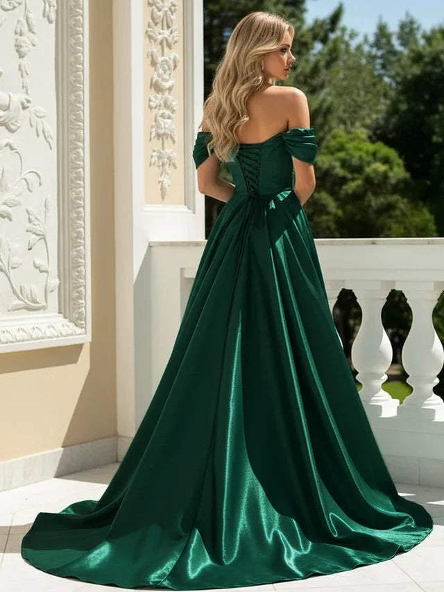 Luxurious A-Line Sweetheart Off-Shoulder Lace-Up-Back Pleated Floor-Length Prom Dresses