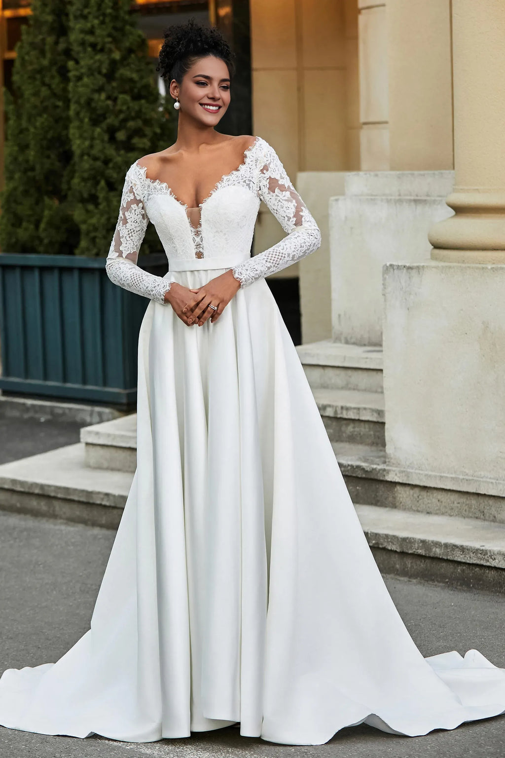 Luxurious A-Line V-Neck Lace-Long-Sleeve Button-Back Sweep Train Wedding Dresses