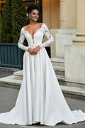 Luxurious A-Line V-Neck Lace-Long-Sleeve Button-Back Sweep Train Wedding Dresses