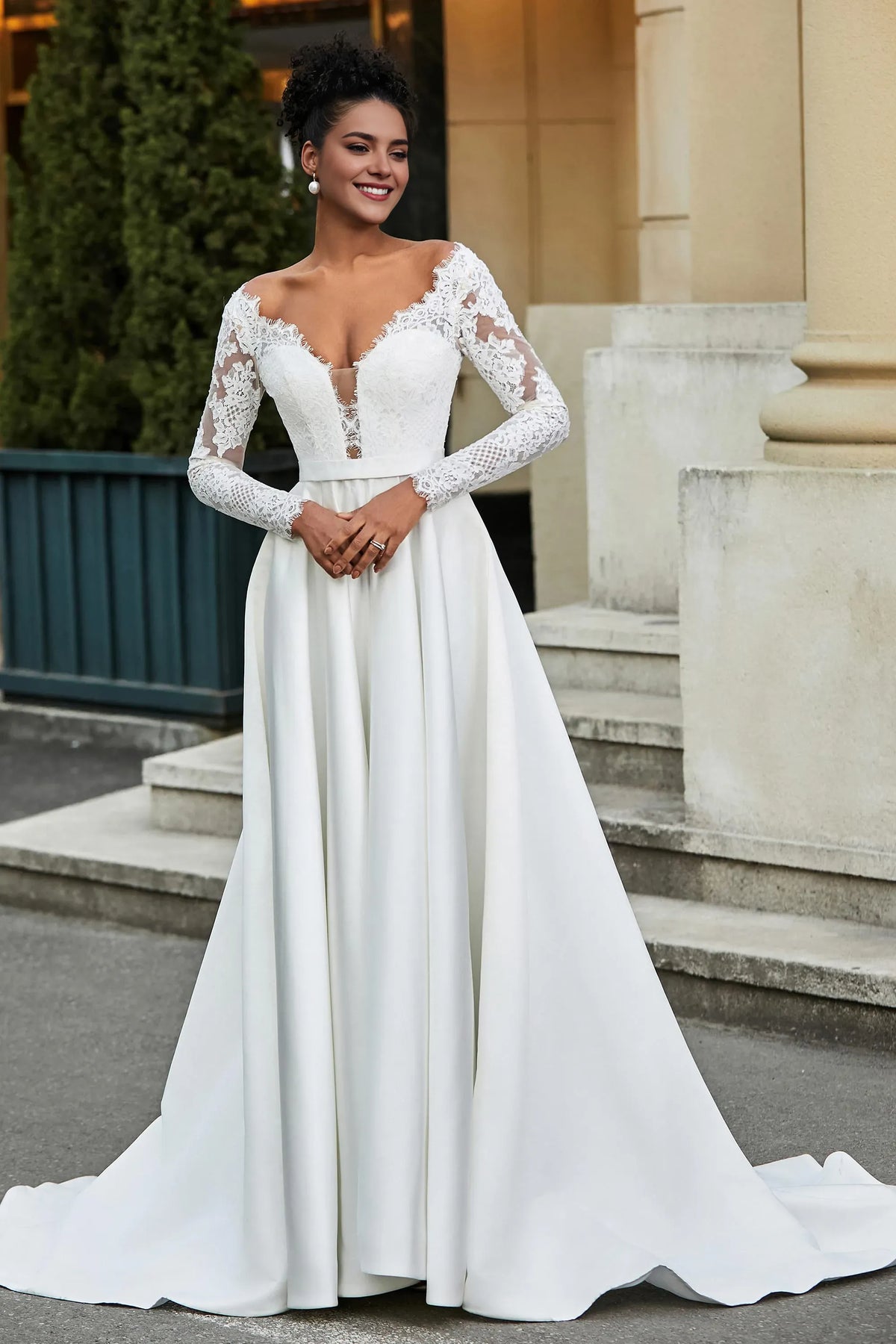Luxurious A-Line V-Neck Lace-Long-Sleeve Button-Back Sweep Train Wedding Dresses