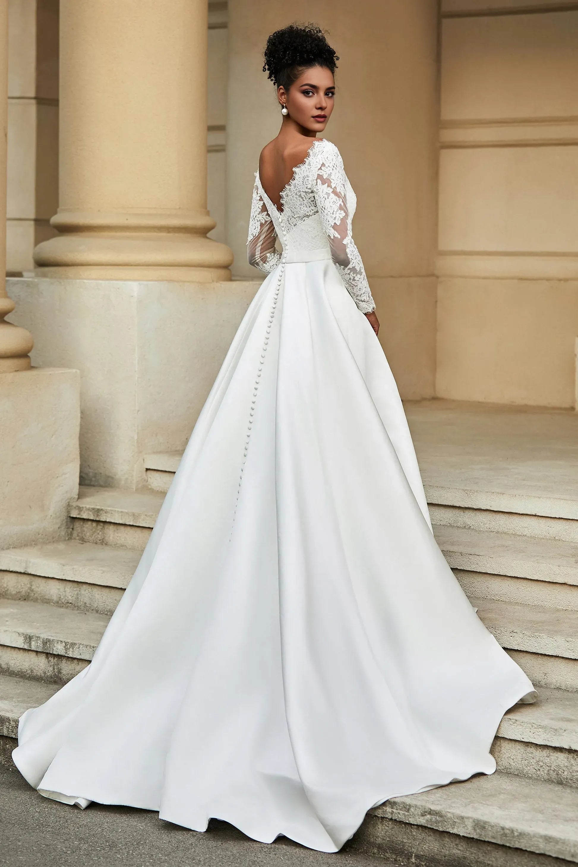 Luxurious A-Line V-Neck Lace-Long-Sleeve Button-Back Sweep Train Wedding Dresses