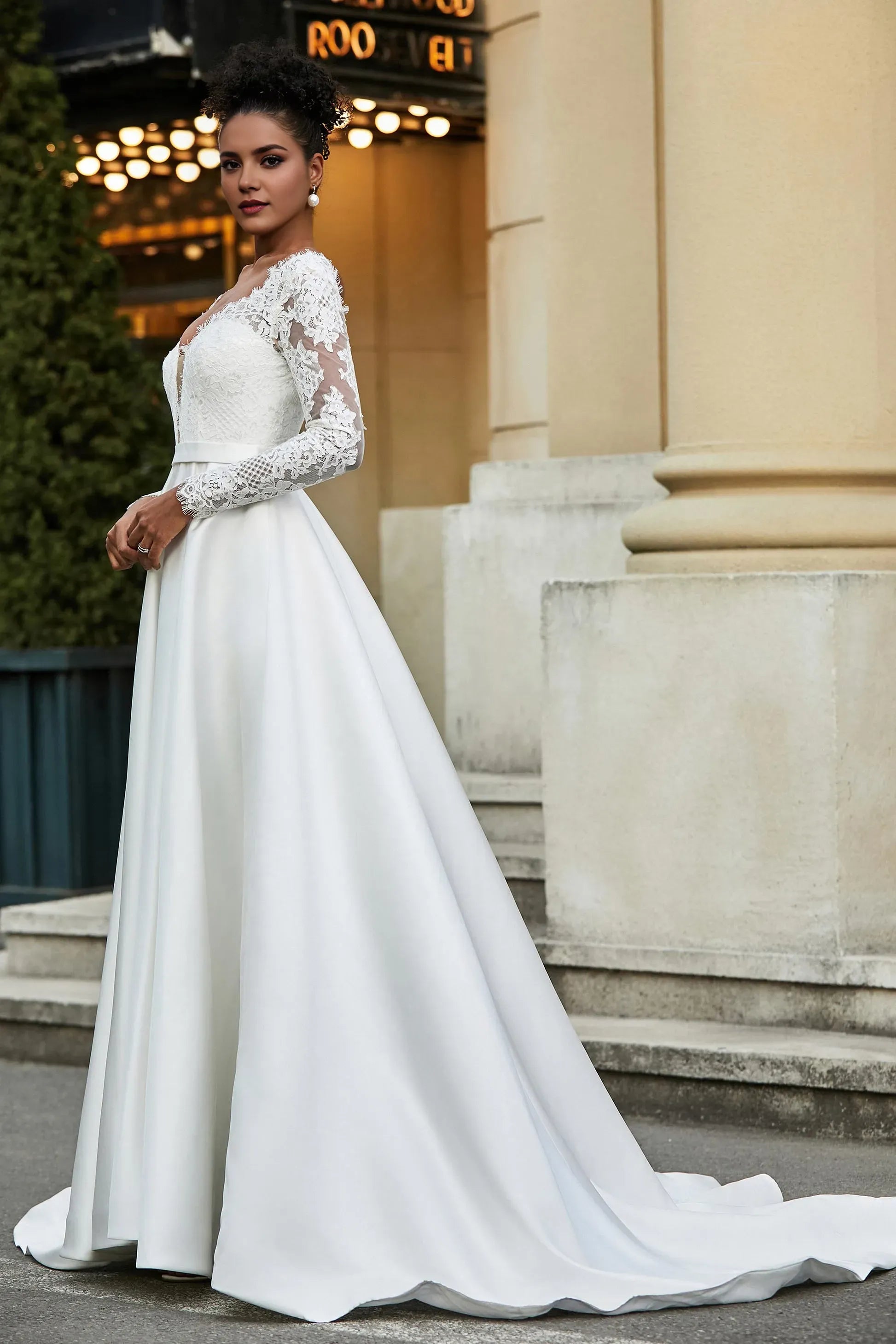 Luxurious A-Line V-Neck Lace-Long-Sleeve Button-Back Sweep Train Wedding Dresses