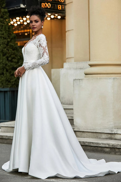 Luxurious Red Lace A-Line V-Neck Long-Sleeve Button-Back Floor-Length Wedding Dress
