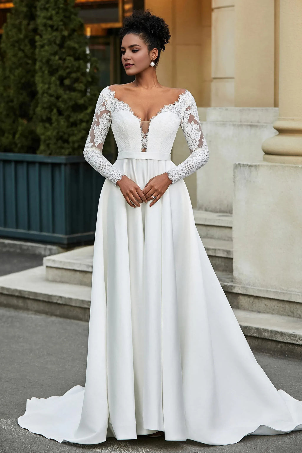 Luxurious A-Line V-Neck Lace-Long-Sleeve Button-Back Sweep Train Wedding Dresses