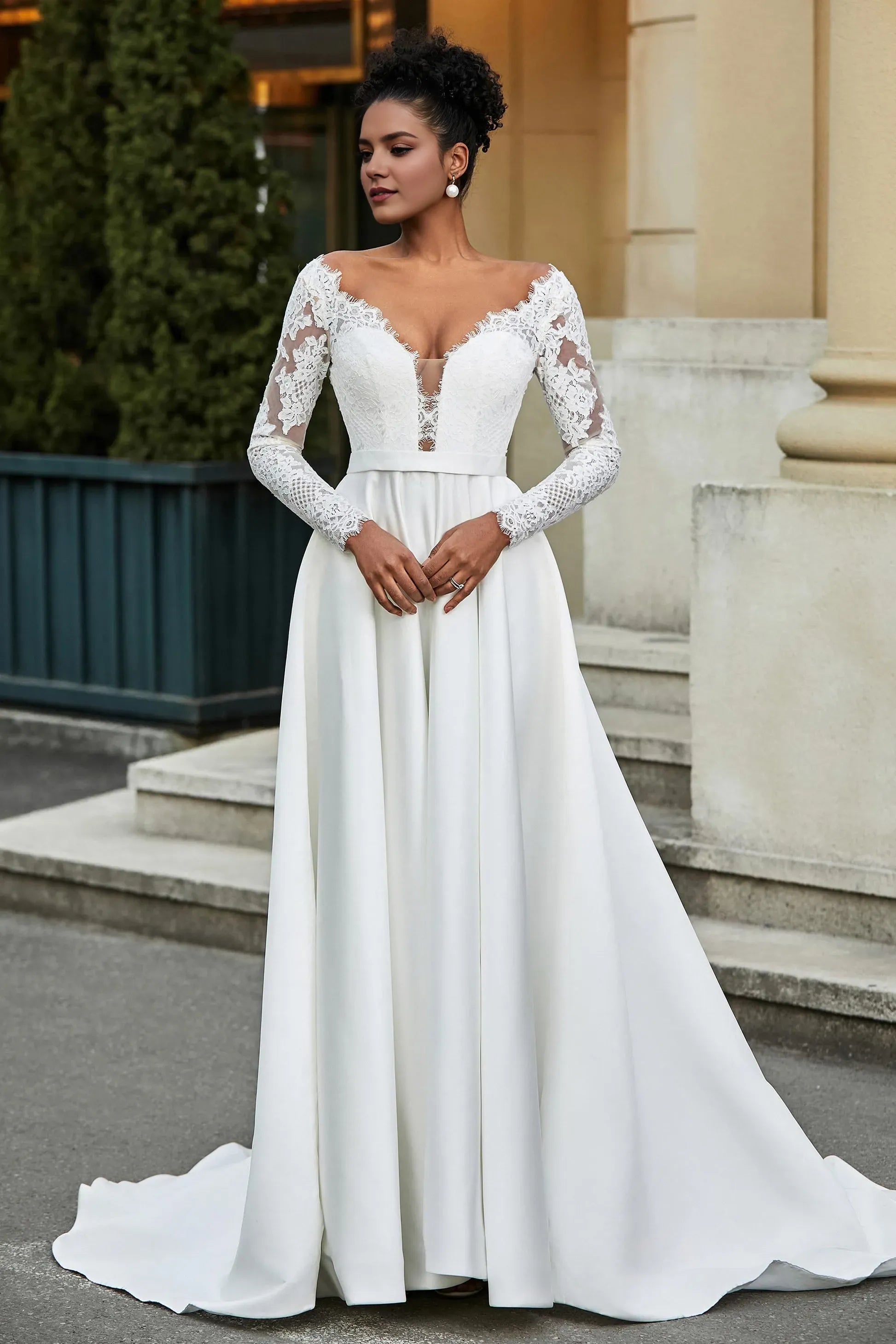 Luxurious A-Line V-Neck Lace-Long-Sleeve Button-Back Sweep Train Wedding Dresses