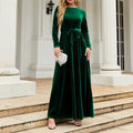 Green Luxurious A-line Crew Neck Long-sleeve Belted Emerald Maxi Evening Dress