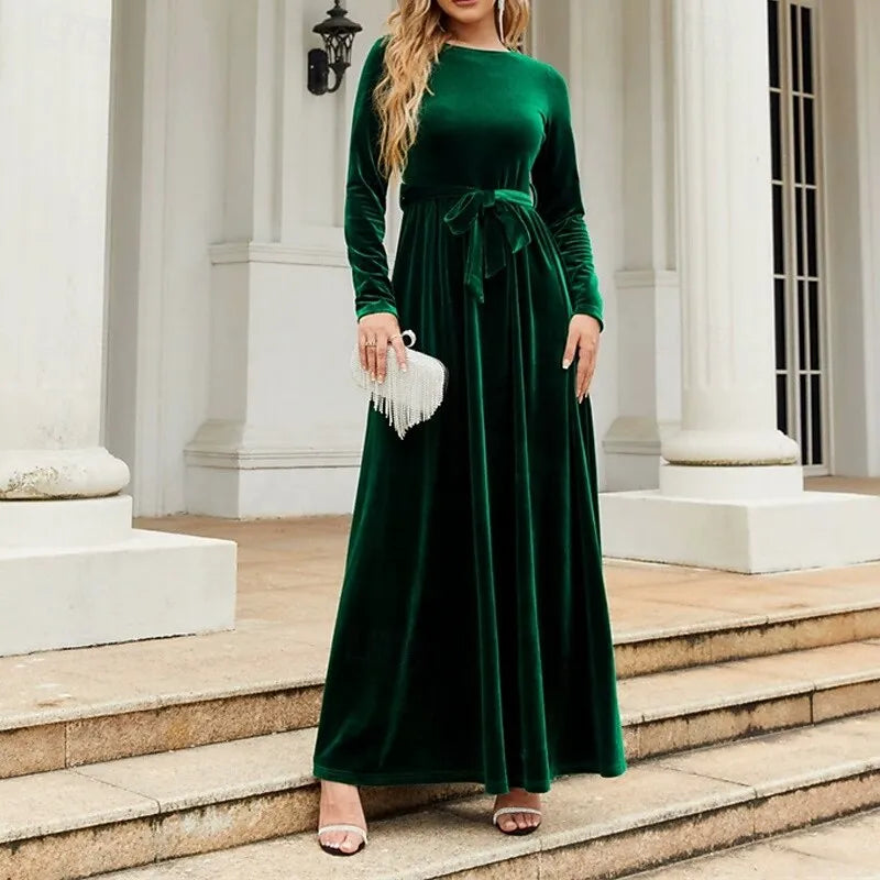 Green Luxurious A-line Crew Neck Long-sleeve Belted Emerald Maxi Evening Dress