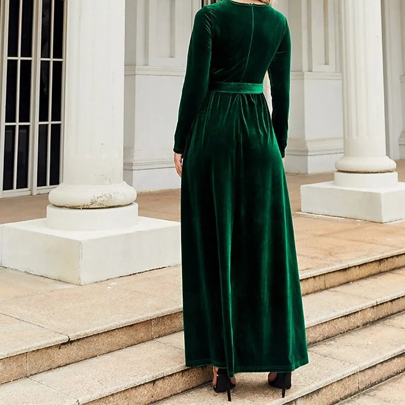 Green Luxurious A-line Crew Neck Long-sleeve Belted Emerald Maxi Evening Dress