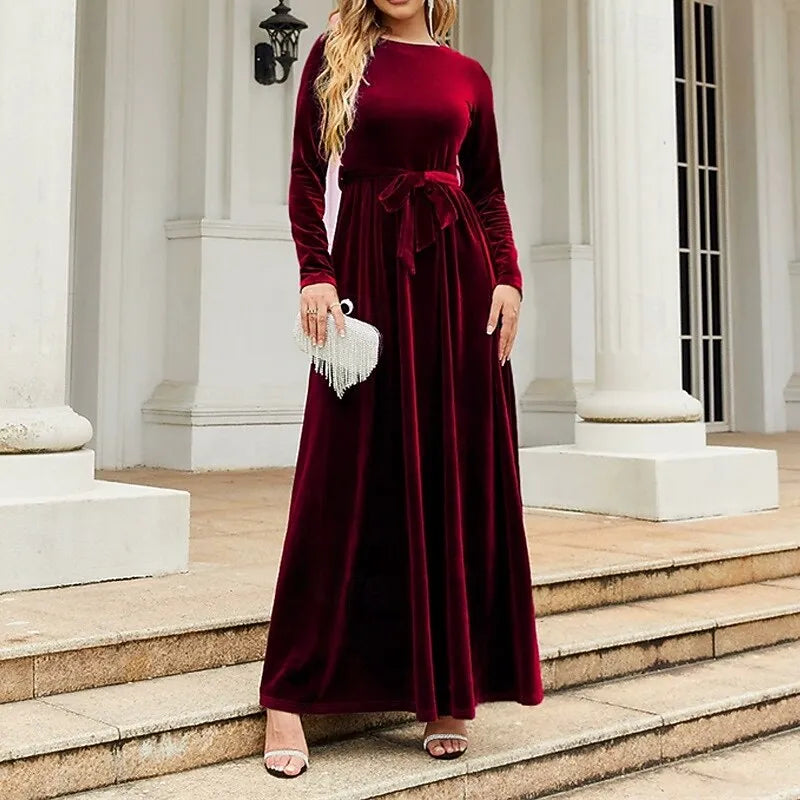 Green Luxurious A-line Crew Neck Long-sleeve Belted Emerald Maxi Evening Dress