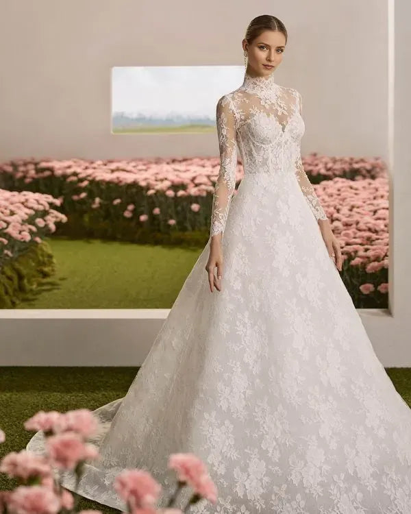 Luxurious A-line High neckline Long Sleeve Button-Back Sweep/Brush Train Wedding Dresses for bride