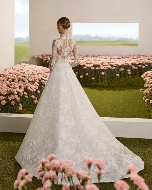 Luxurious A-line High neckline Long Sleeve Button-Back Sweep/Brush Train Wedding Dresses for bride