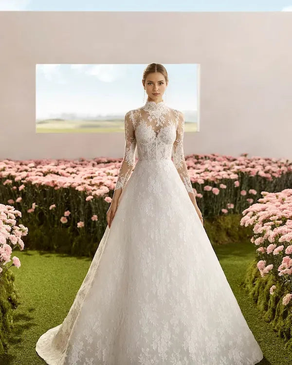 Luxurious A-line High neckline Long Sleeve Button-Back Sweep/Brush Train Wedding Dresses for bride
