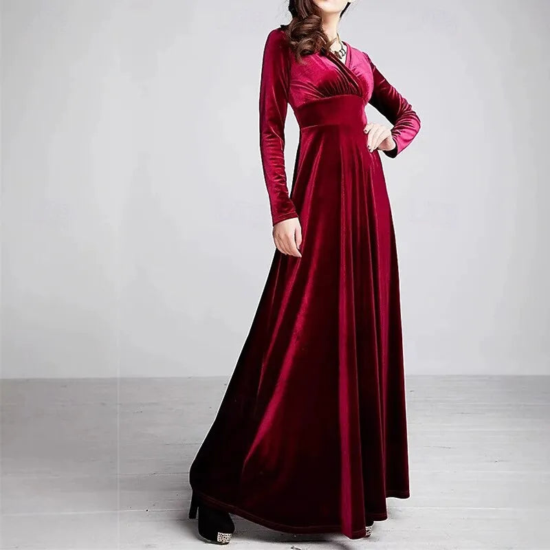 Plum Luxurious A-line V-neck Long-sleeve Ruched Maxi Evening Dress for Women Hot Sale