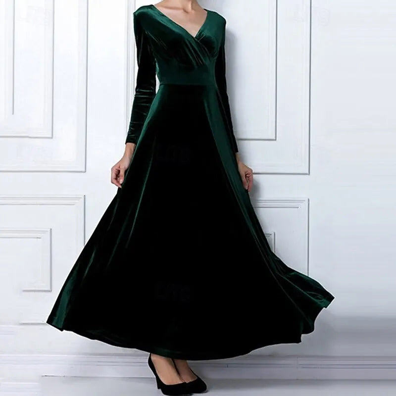 Plum Luxurious A-line V-neck Long-sleeve Ruched Maxi Evening Dress for Women Hot Sale