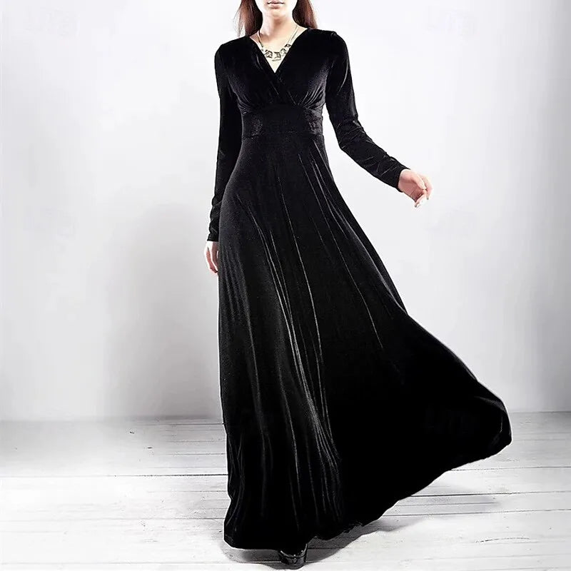 Plum Luxurious A-line V-neck Long-sleeve Ruched Maxi Evening Dress for Women Hot Sale