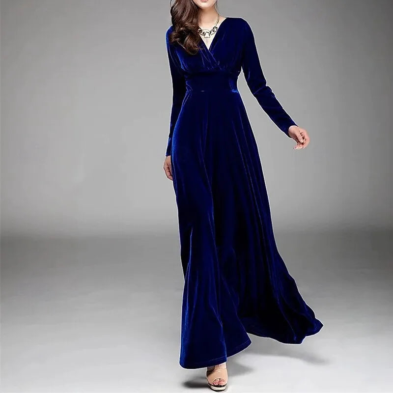 Plum Luxurious A-line V-neck Long-sleeve Ruched Maxi Evening Dress for Women Hot Sale