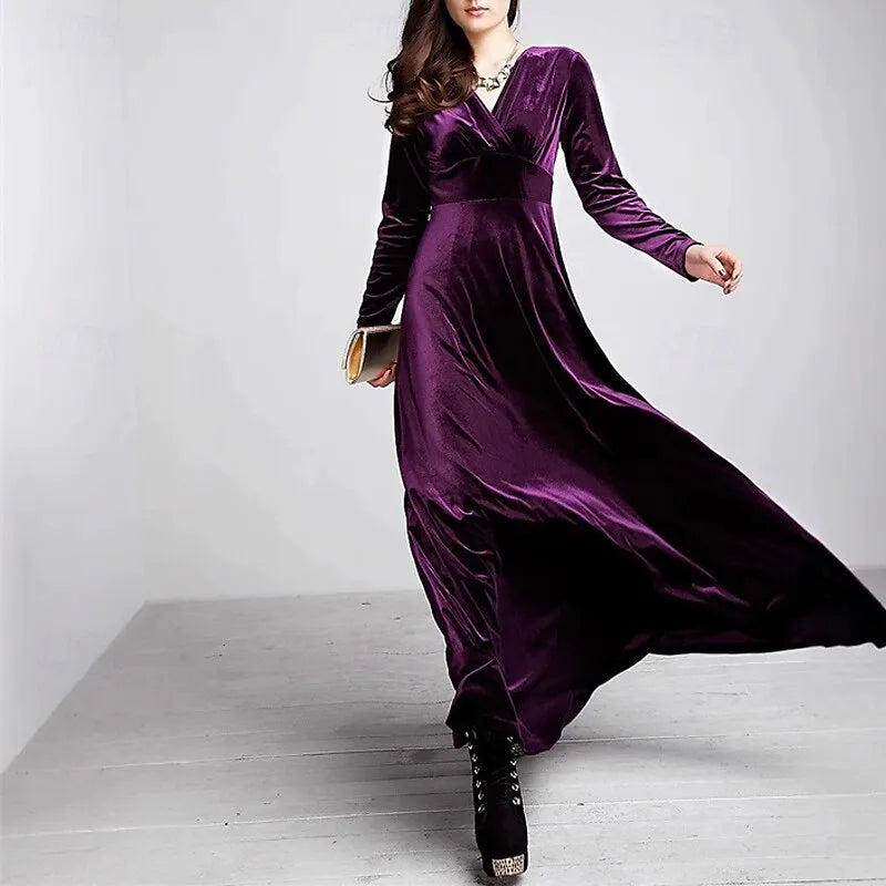 Plum Luxurious A-line V-neck Long-sleeve Ruched Maxi Evening Dress for Women Hot Sale