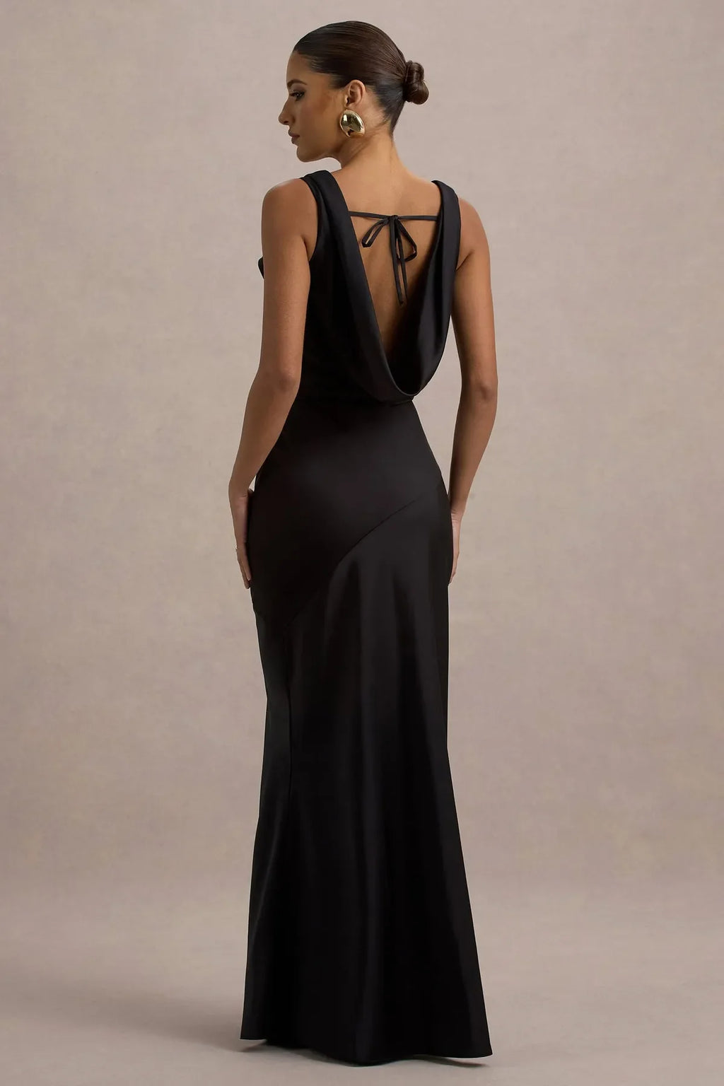 Black Luxurious Cowl Neck Gown with Asymmetric Design Sleeveless Bodycon Fit Ideal for High - End Proms Gala Evening and Formal