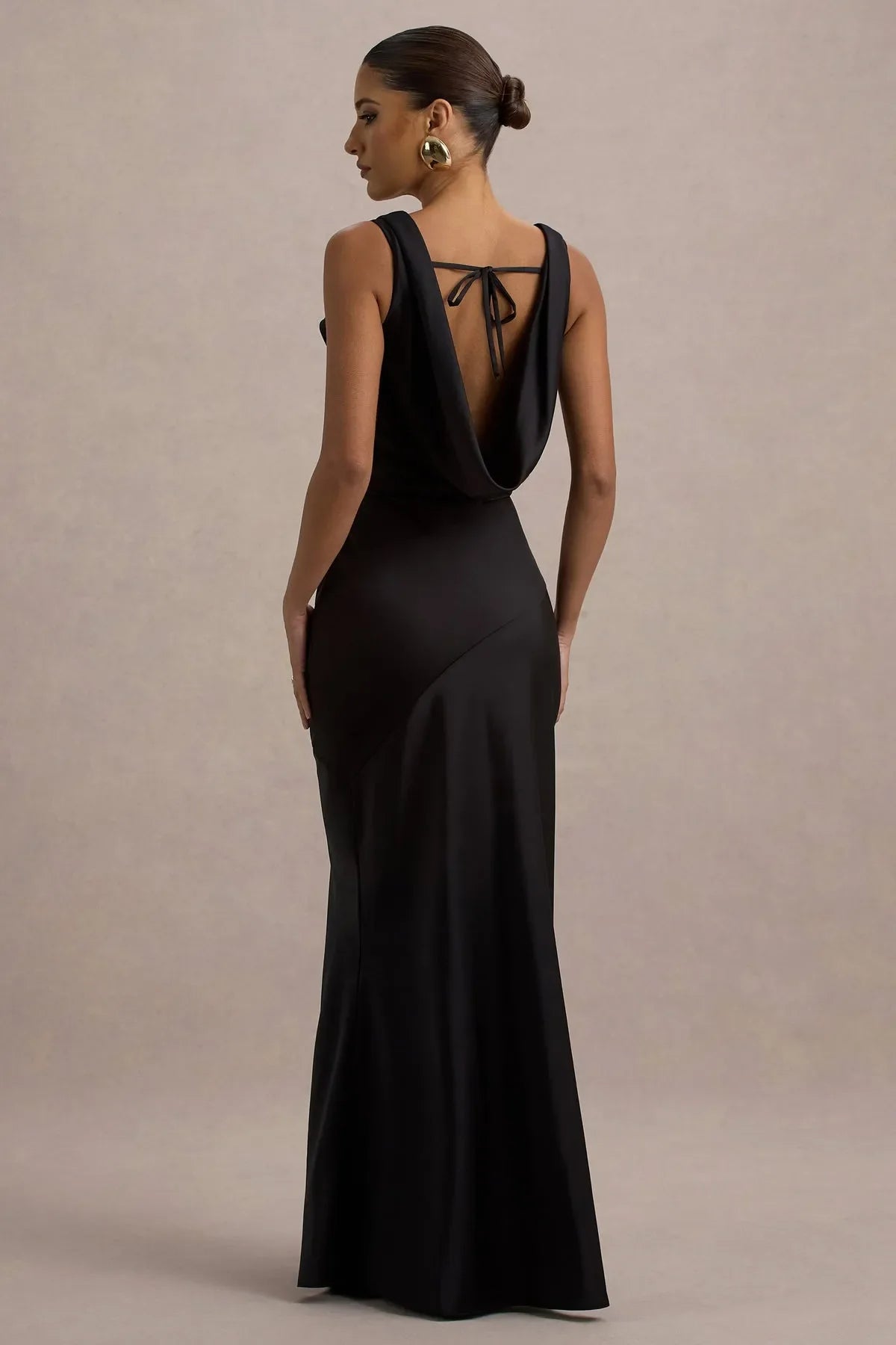 Black Luxurious Cowl Neck Gown with Asymmetric Design Sleeveless Bodycon Fit Ideal for High - End Proms Gala Evening and Formal