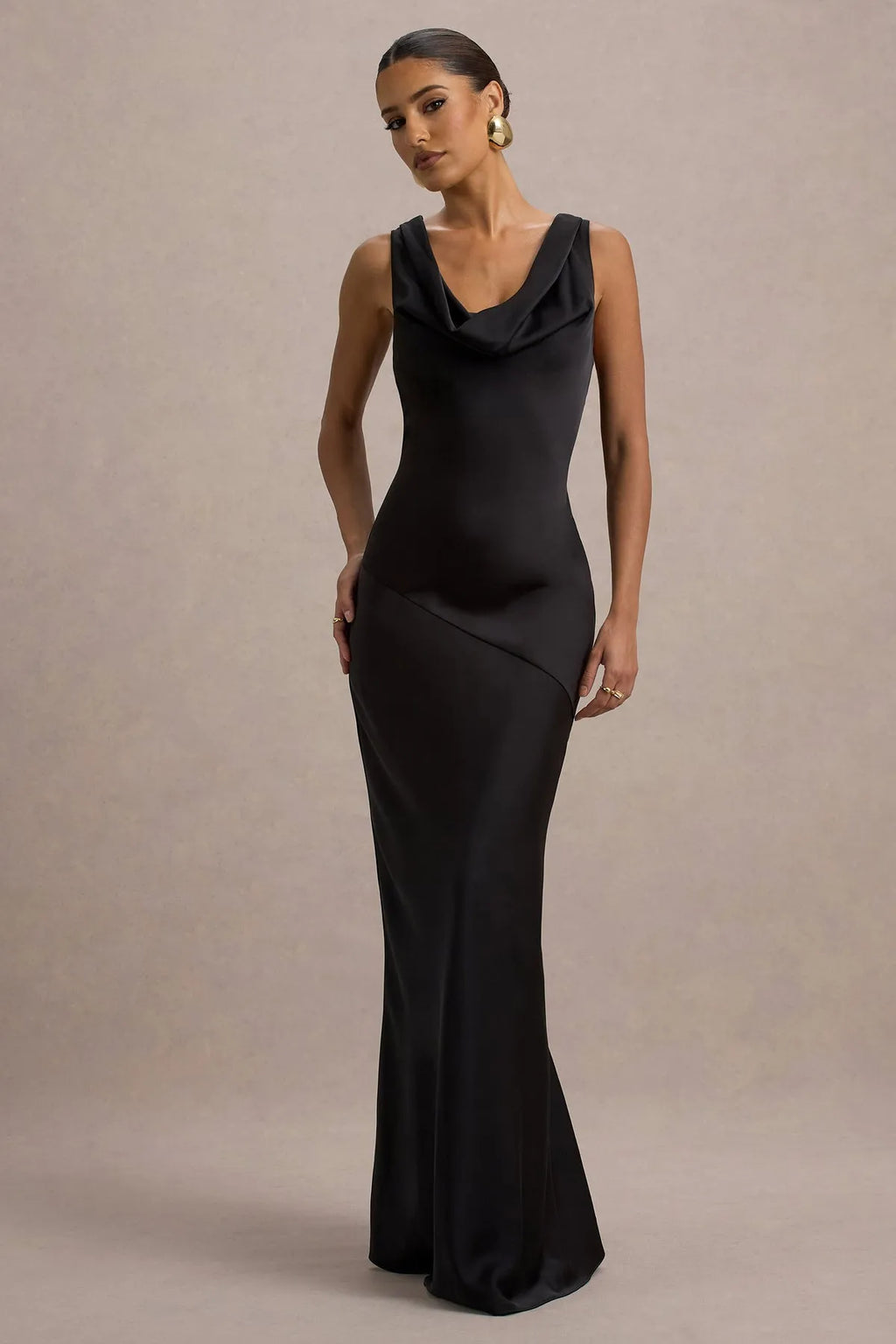 Black Luxurious Cowl Neck Gown with Asymmetric Design Sleeveless Bodycon Fit Ideal for High - End Proms Gala Evening and Formal