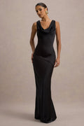 Black Luxurious Cowl Neck Gown with Asymmetric Design Sleeveless Bodycon Fit Ideal for High - End Proms Gala Evening and Formal