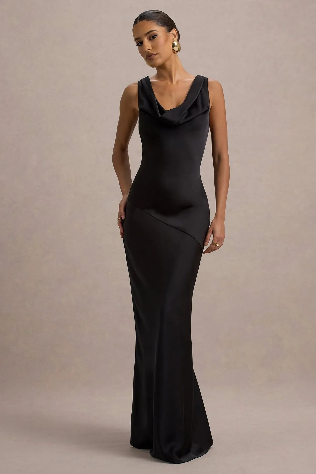 Black Luxurious Cowl Neck Gown with Asymmetric Design Sleeveless Bodycon Fit Ideal for High - End Proms Gala Evening and Formal