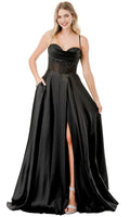 Black Luxurious Evening Dresses with Asymmetric Spaghetti Strap Corset Bodice Detail and High Side Slit