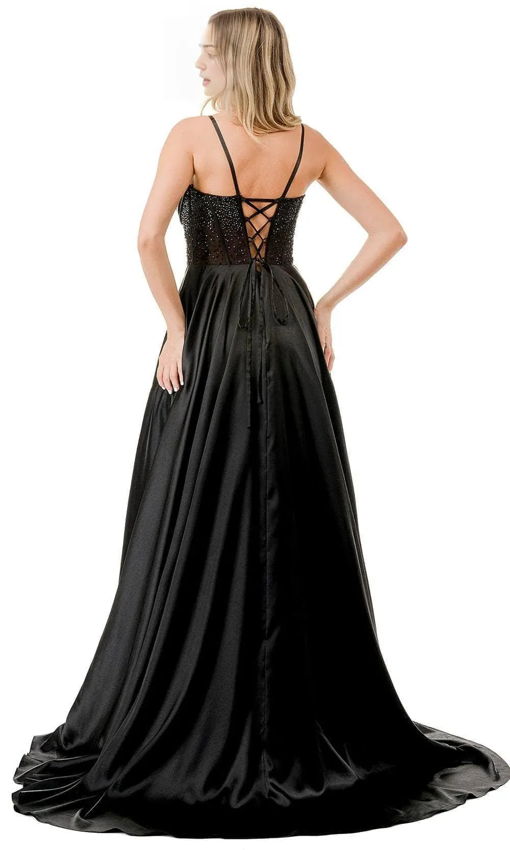 Black Luxurious Evening Dresses with Asymmetric Spaghetti Strap Corset Bodice Detail and High Side Slit