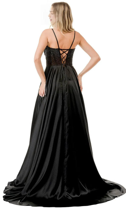 Luxurious Black Lace A-Line Classic-Neck Sleeveless Lace-Up-Back Floor-Length Evening Dress