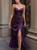 Purple Luxurious Bodycon Sweetheart Neck Corset Ruched Slit Long Prom Dresses