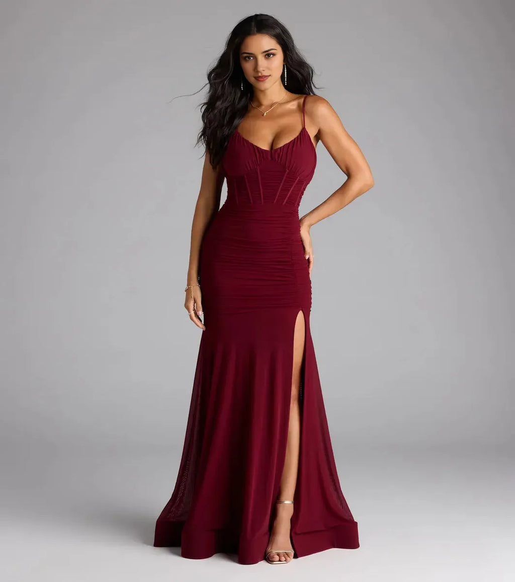 Burgundy Luxurious Mermaid V-Neck Spaghetti Strap Back Zip Floor-Length Ruched Slit Prom Dress