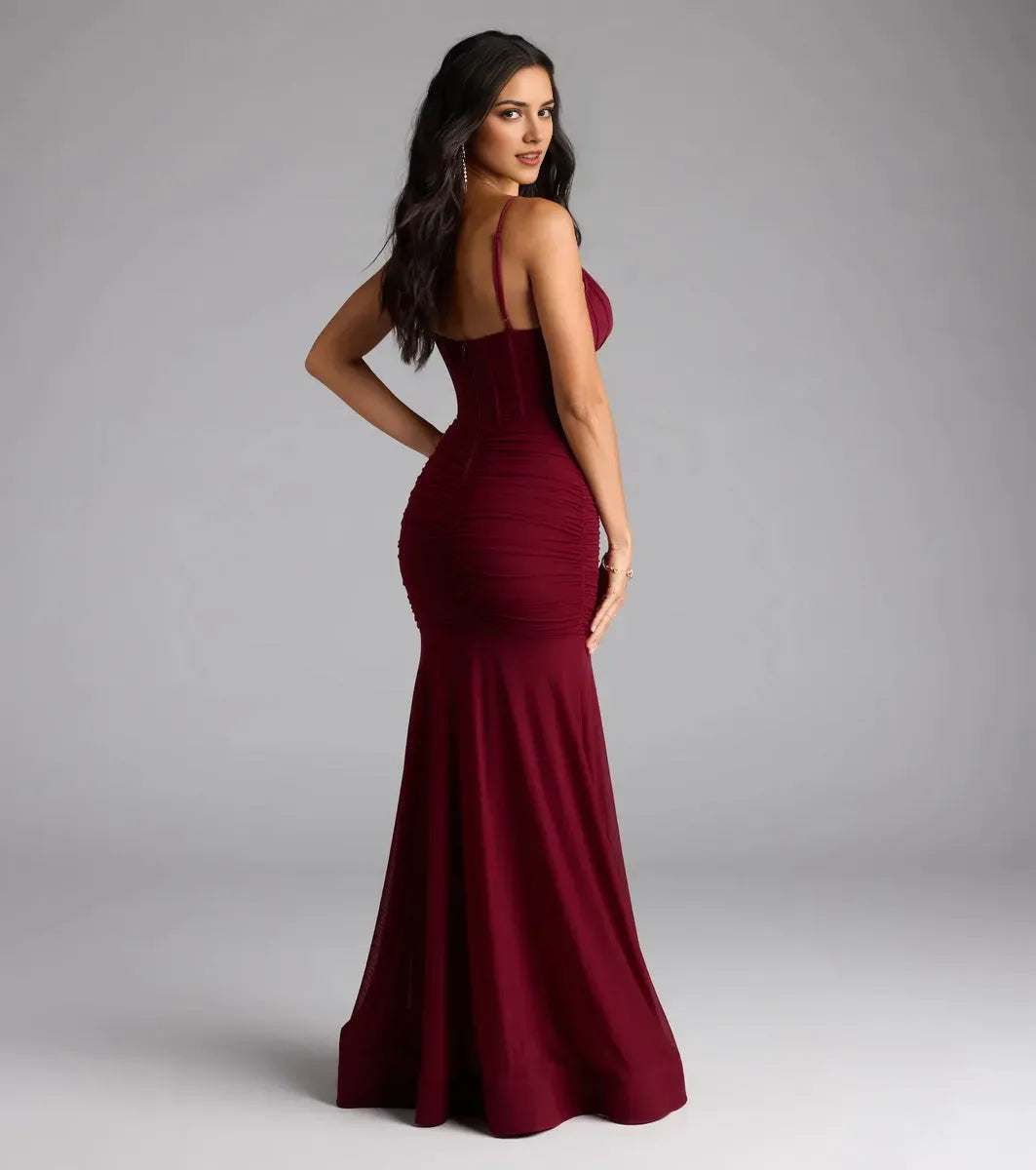 Burgundy Luxurious Mermaid V-Neck Spaghetti Strap Back Zip Floor-Length Ruched Slit Prom Dress