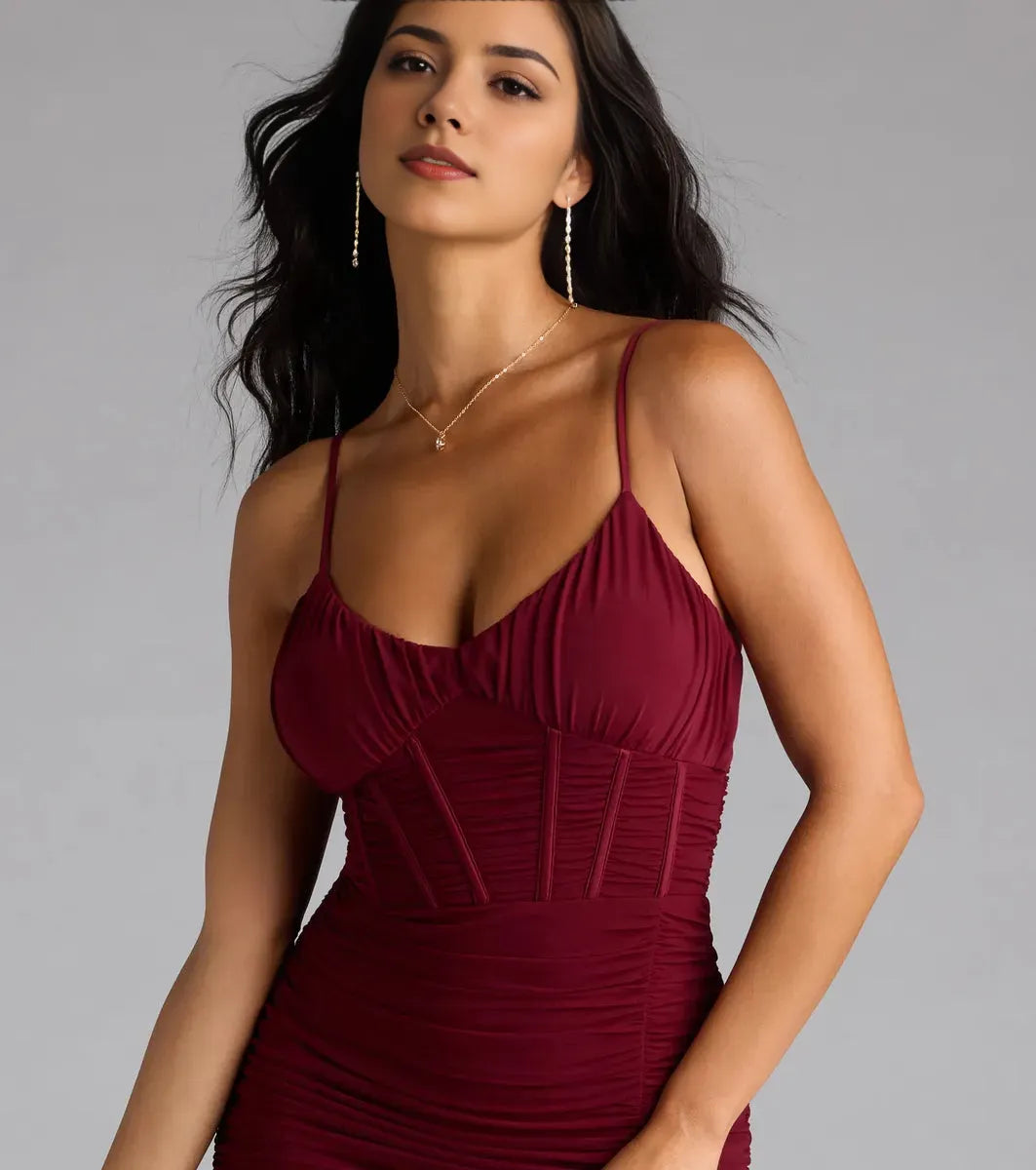 Burgundy Luxurious Mermaid V-Neck Spaghetti Strap Back Zip Floor-Length Ruched Slit Prom Dress