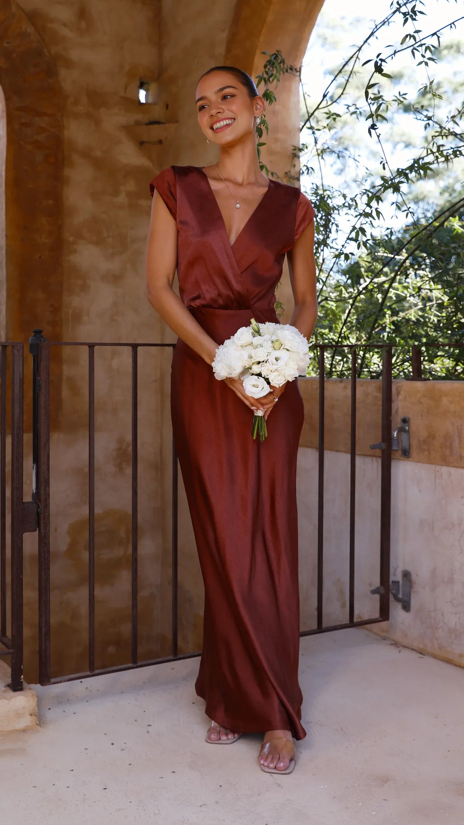 Burgundy Luxurious Prom Dress with Plunging V - Neck Cap Sleeves Wrap - Front Detail and Side Slit Exuding Opulence for Memorable Prom Nights